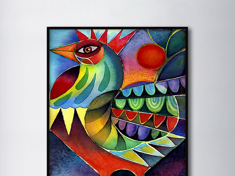 北欧神话公鸡复古艳丽色彩手绘家居装饰画(图