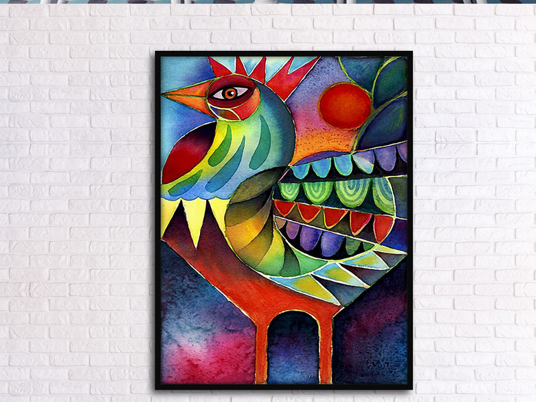 北欧神话公鸡复古艳丽色彩手绘家居装饰画(图