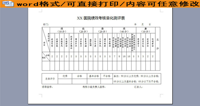 XX医院绩效考核量化测评表(图片编号:161839