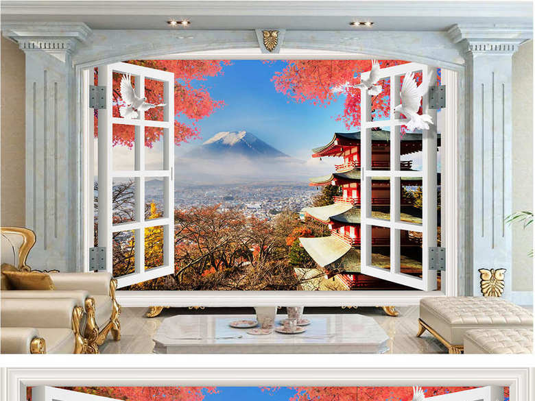 富士山枫樱花唯美自然背景墙(图片编号:16185
