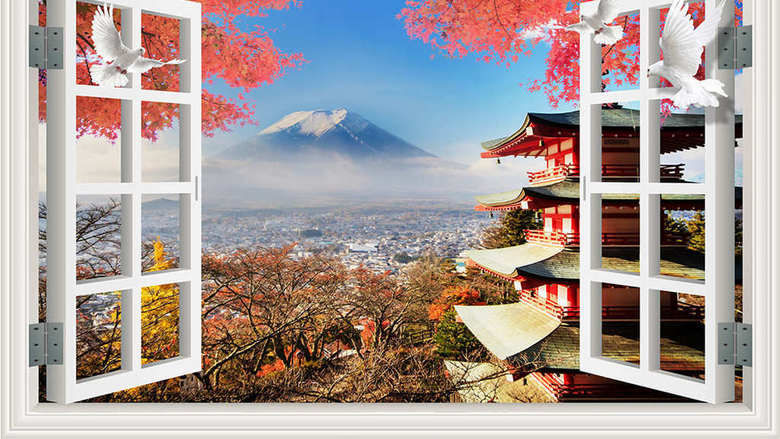 富士山枫樱花唯美自然背景墙(图片编号:16185