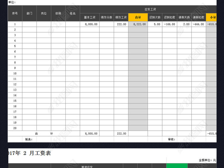 公司员工工资表excel表格模板带全勤奖