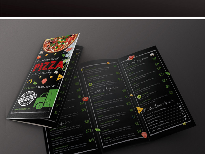 高档西餐厅意大利披萨店外卖菜单三折页模板(