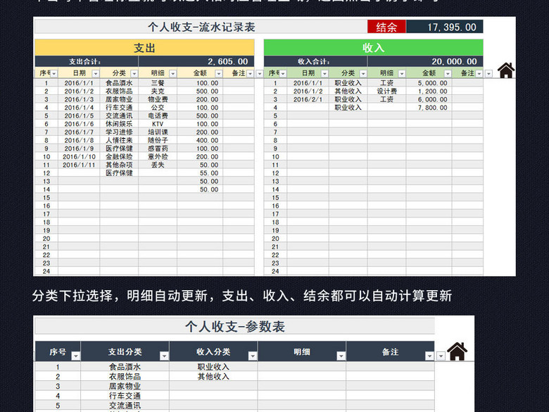 家庭个人收支明细表记账本excel表格(图片编号