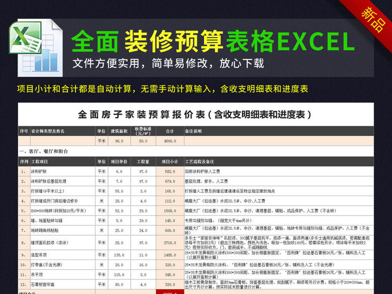 房屋装修预算报价表格工程进度表收支明细表(