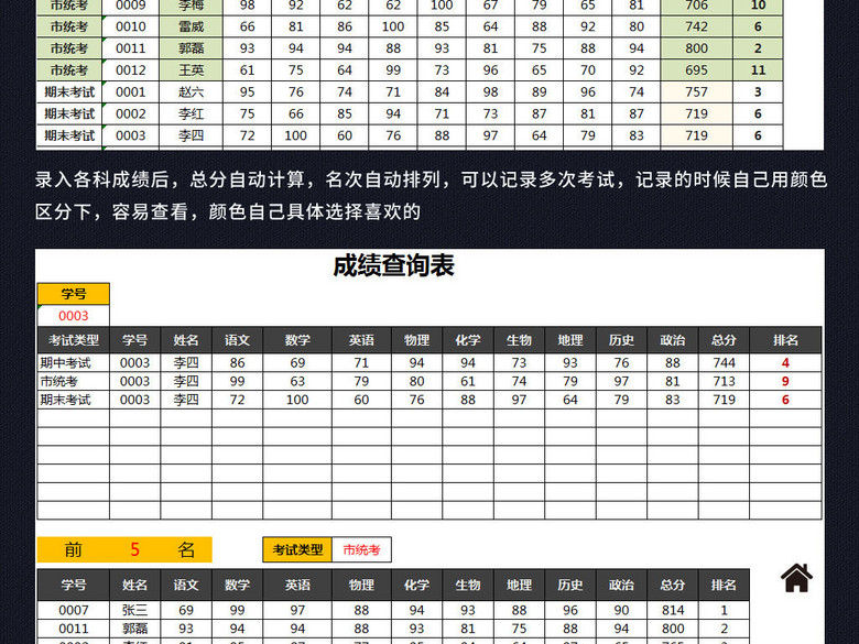 学生考试成绩表成绩单管理查询系统表格模板(