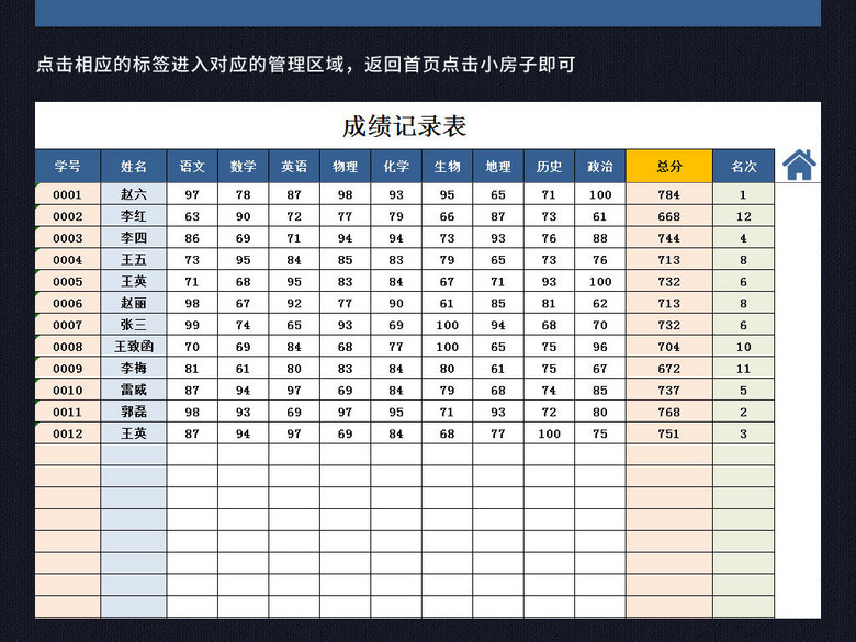 蓝色班级学生考试成绩表成绩单表格模板(图片