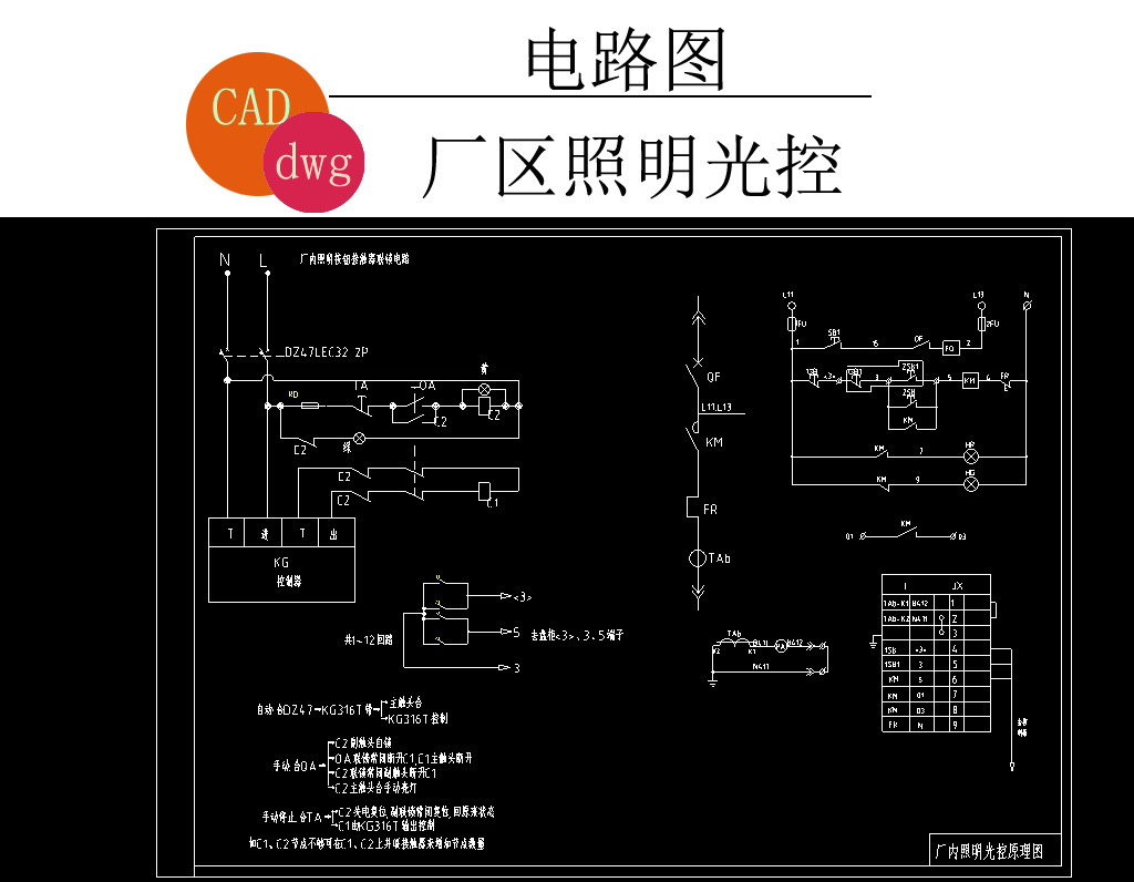 我图网提供精品流行 厂区照明光控cad电路图素材 下载,作品模板源文件可以编辑替换,设计作品简介: 厂区照明光控cad电路图, , 使用软件为 AutoCAD 2006(.dwg) 电气图纸 商业建筑工程电气图 公司 办公楼 写字楼 车间 工厂 工厂cad施工图 平面布置图 设计方案 立面图 建筑图 布局规划图 照明系统工程电气图 厂区电气图 照明 电路图 厂区