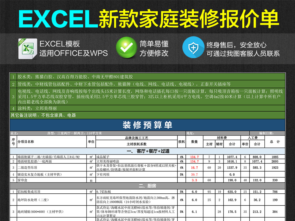 我图网提供精品流行家庭新房装修预算清单报价excel表格素材下载,作品模板源文件可以编辑替换,设计作品简介: 家庭新房装修预算清单报价excel表格,,使用软件为 Excel 2007(.xlsx) 房屋装修预算表 装修报价单