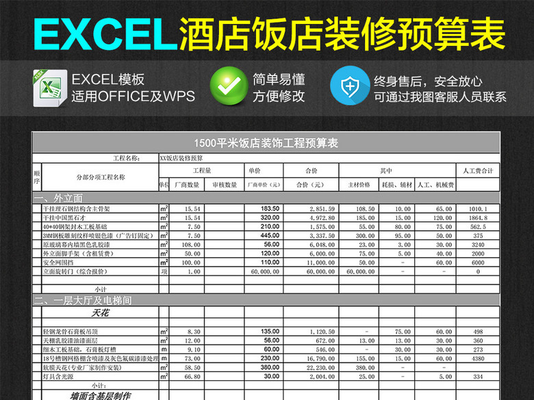 大型酒店放点装饰工程装修预算表excel(图片编