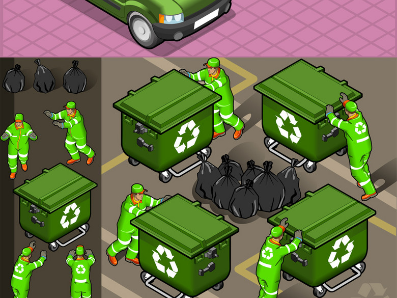矢量图环保清洁工垃圾箱垃圾车环卫工清洁车(