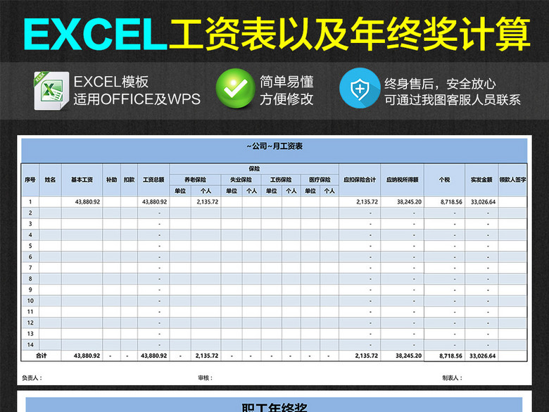 公司企业月工资表年终奖Excel表格(图片编号:1