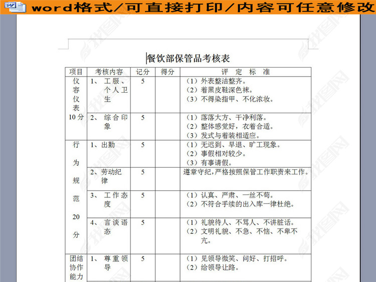 餐饮部保管品考核表模板下载_word|doc格式素