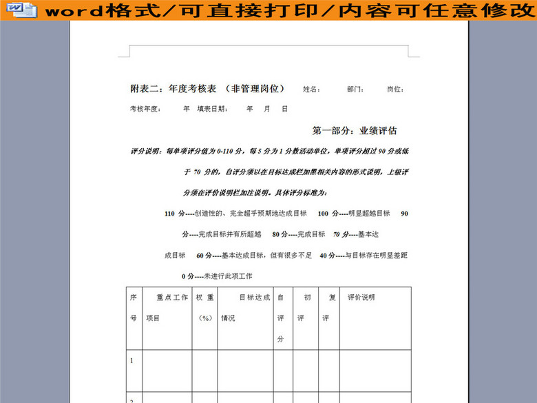 非管理岗位年度考核表(图片编号:16257756)_绩