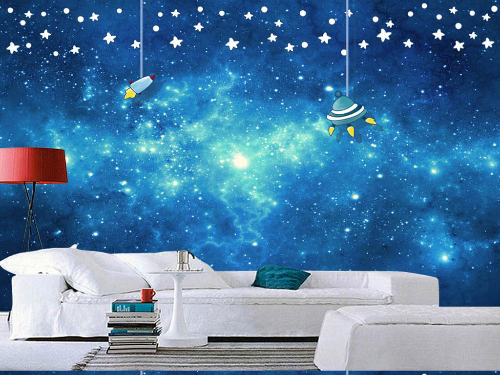 原创蓝色手绘星空太空儿童房背景墙