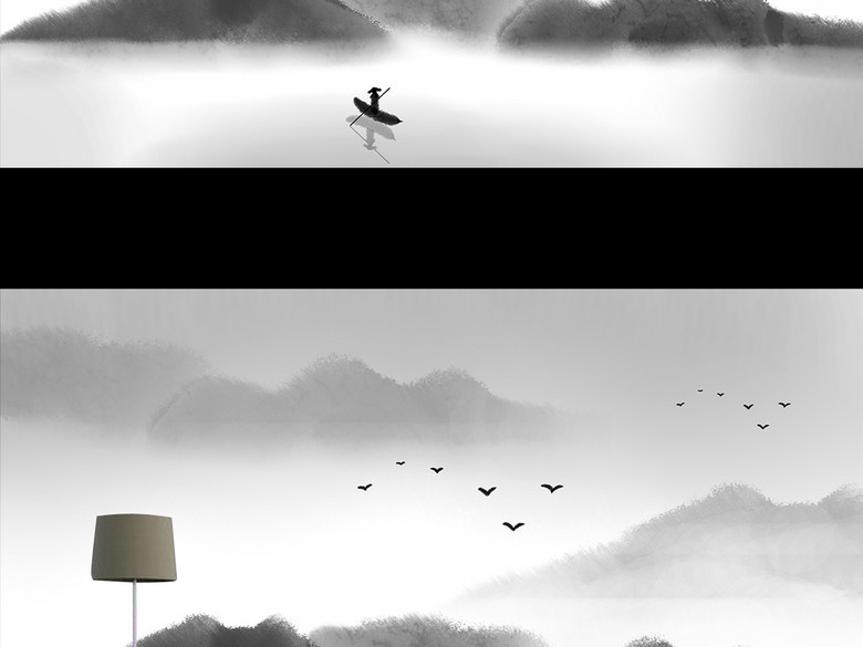 新中式黑白唯美意境山水壁画电视背景墙(图片