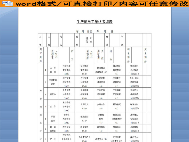 公司生产部员工年终考绩表(图片编号:1626039