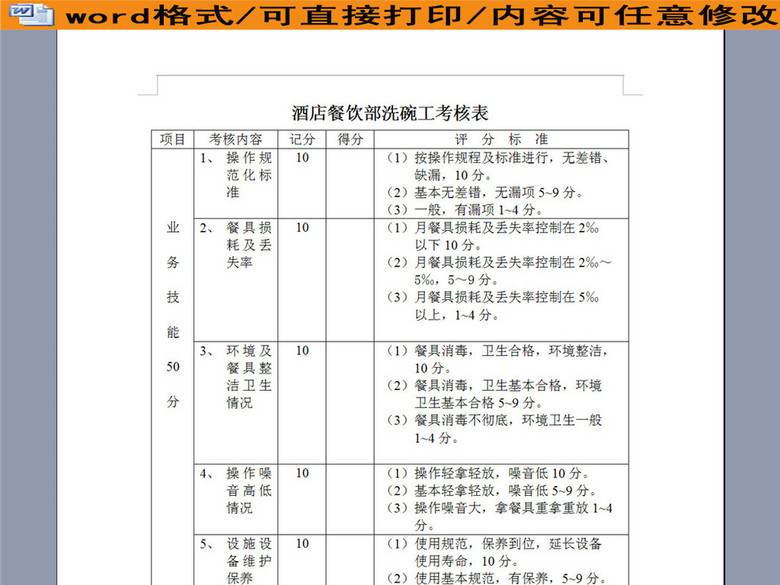酒店餐饮部洗碗工考核表(图片编号:16260622