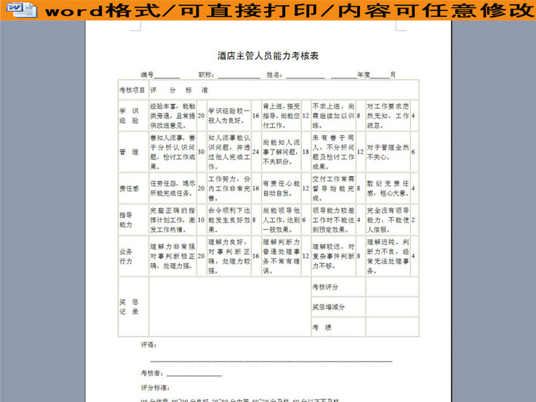 酒店主管人员能力考核表(图片编号:16260629