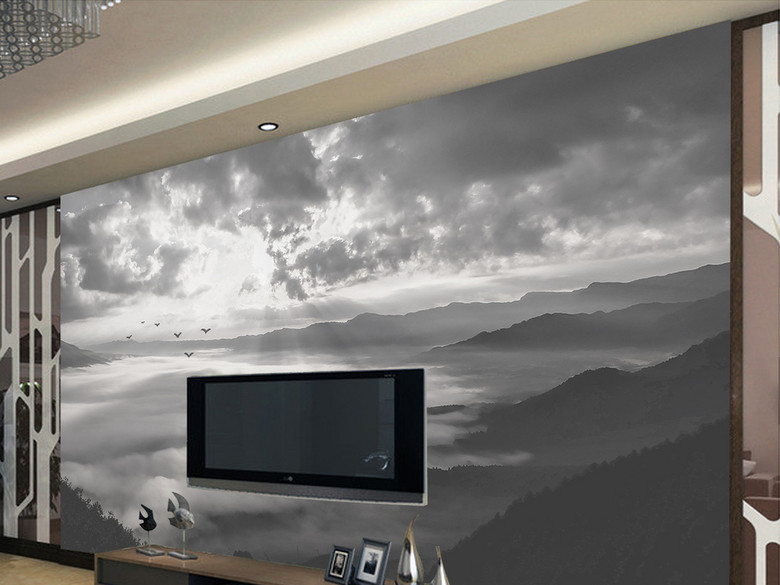 新中式黑白水墨山水现代壁画电视背景墙(图片