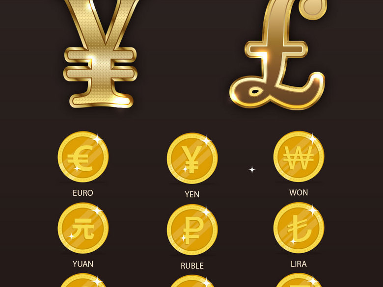 欧元美元人民币金色钱币素材(图片编号:16267