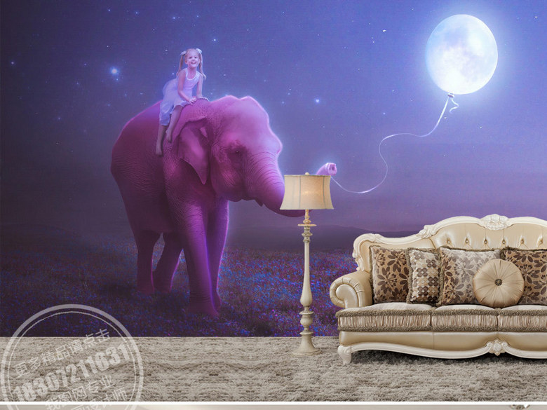 3D高清大象月亮女孩大自然风景电视背景墙(图