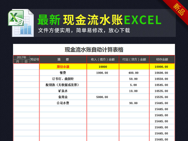 公司现金流水账自动计算表格模板excel(图片编