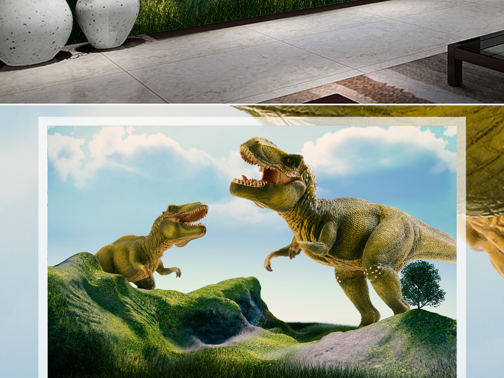 3d立体三维恐龙动物霸王龙风景蓝天背景