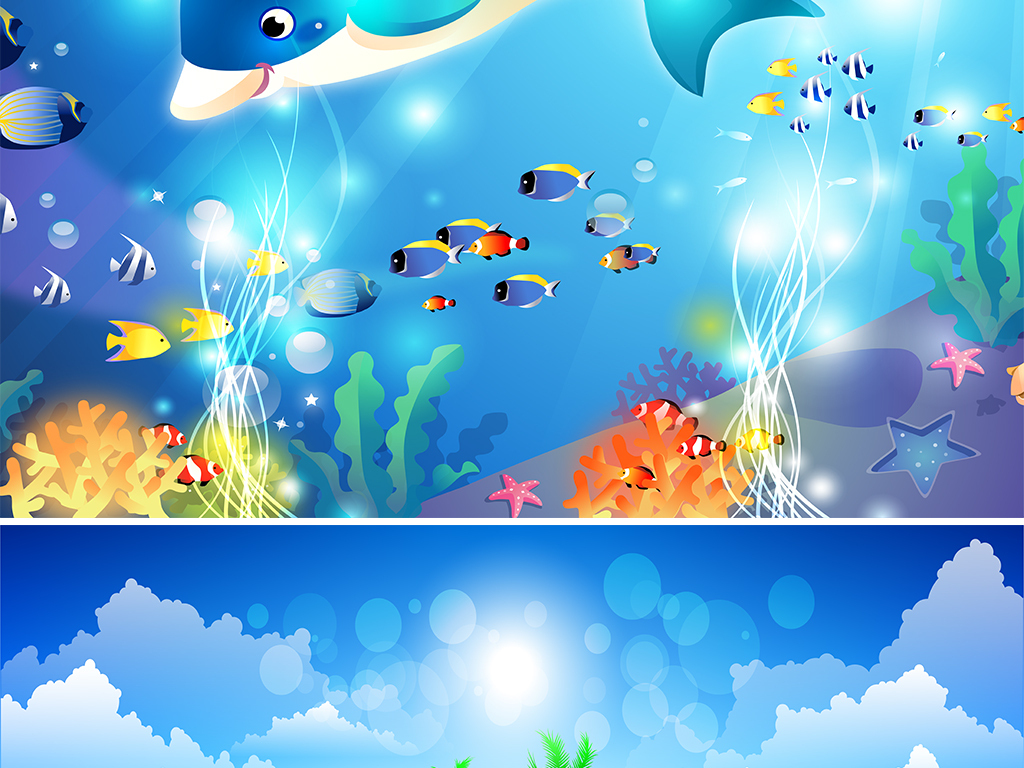 矢量海洋海豚卡通儿童房壁画背景墙