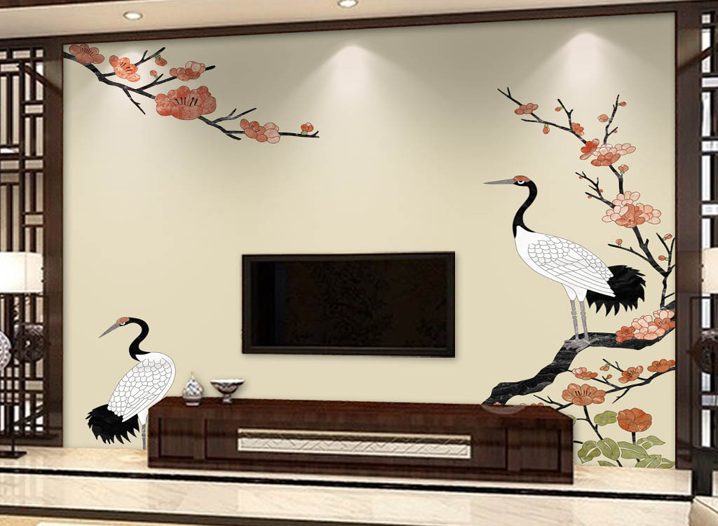 仙鹤呈祥梅花仙鹤中式客厅背景墙图片设计素材_高清(.