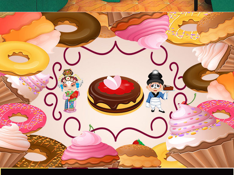 风嫩甜品京剧小人儿蛋糕店背景墙(图片编号:1