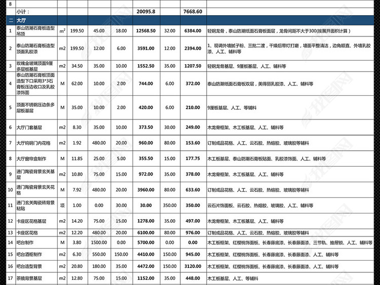 饭店餐饮店铺店面装修预算表报价明细表模板