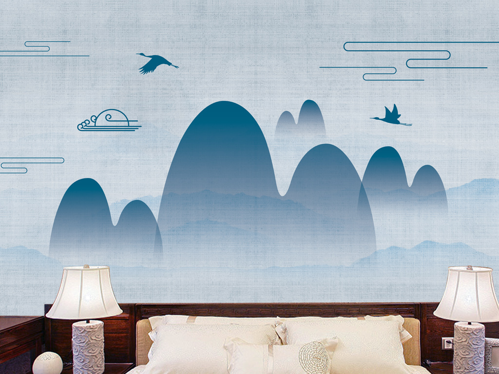 新中式意境抽象山水仙鹤电视背景墙禅境沙发背景
