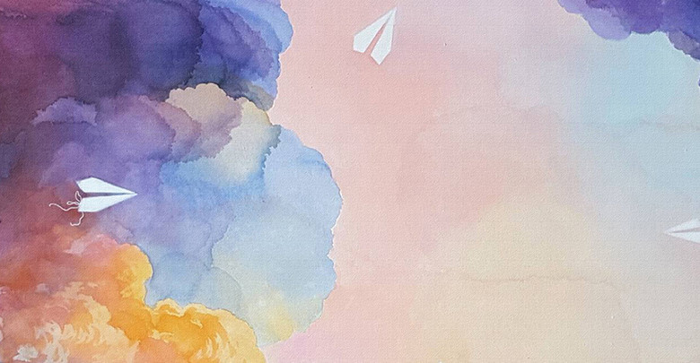 现代简约唯美紫色蓝色水彩黄色背景抽象画(图