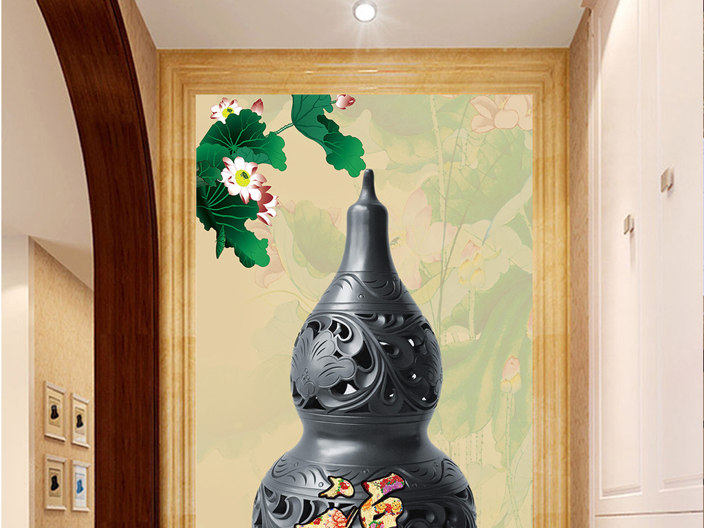 中式风水吸财招财葫芦玄关背景墙屏风