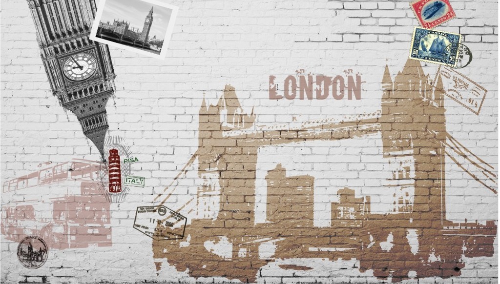 英伦复古建筑邮票背景砖墙装饰无框画