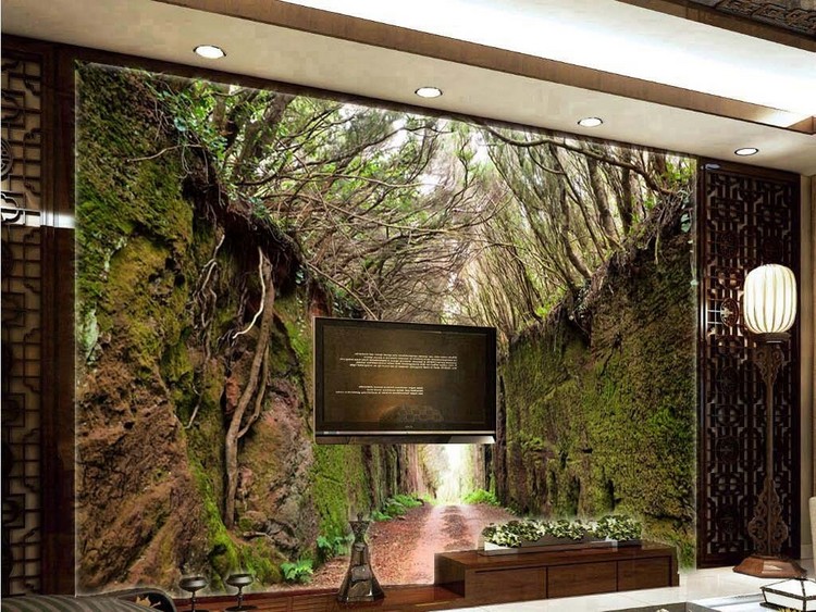 根茎藤蔓青苔羊肠小道中国风电视客厅背景墙