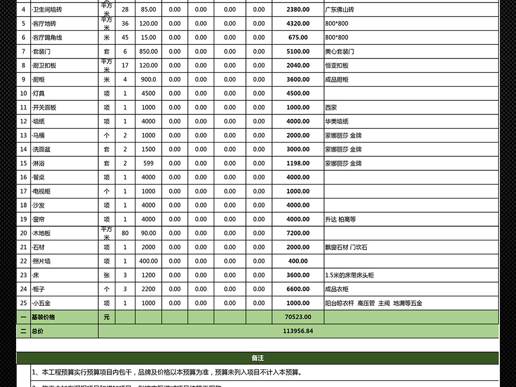 【本作品下载内容为:"100平米房屋全包装修预算表报价单"模板,其他内容仅为参考,如需印刷成实物请先认真校稿,避免造成不必要的经济损失。】 【声明】未经权利人许可,任何人不得随意使用本网站的原创作品(含预览图),否则将按照我国著作权法的相关规定被要求承担最高达50万元人民币的赔偿责任。