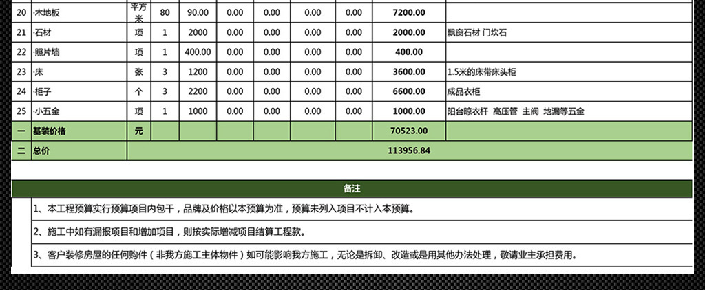 100平米背景全包装修预算表报价单房屋墙的面积放多大的电视图片