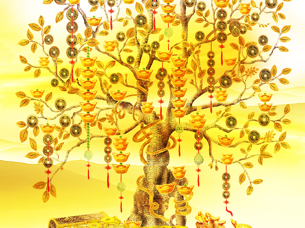 财源广进黄金树发财树山水风景画玄关装饰画