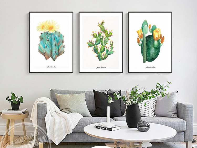 北欧简约田园绿植仙人掌英文字母三联装饰画