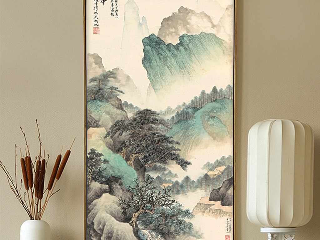 原创高清国画山水近现代中式玄关挂画背景墙版权可商用