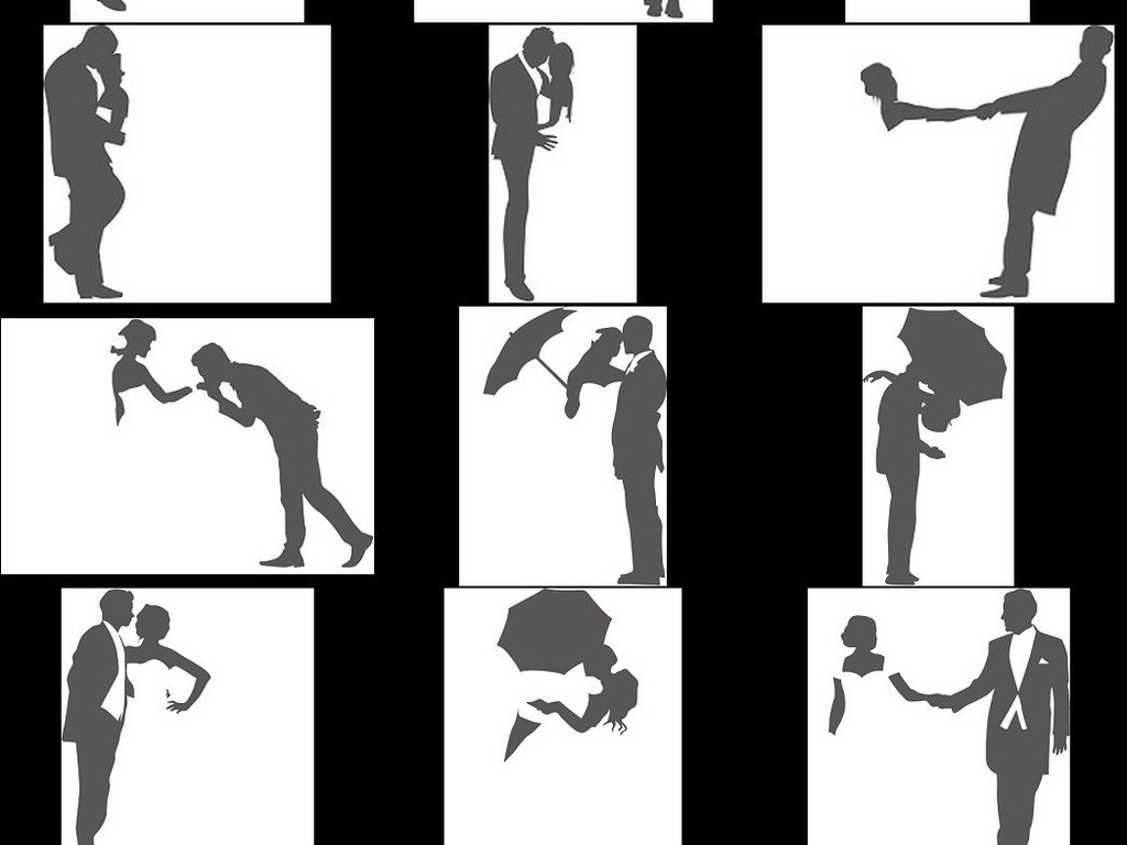 浪漫婚礼新娘新郎动作黑白剪影贴图图案