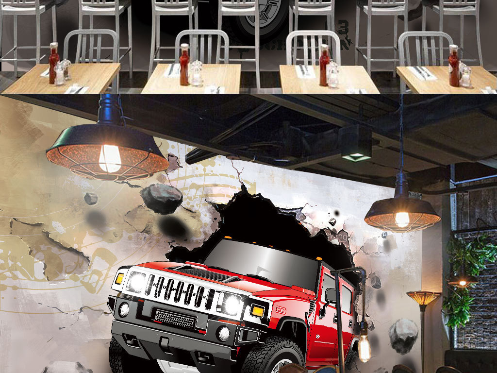 原创汽车穿墙装饰画背景墙版权可商用