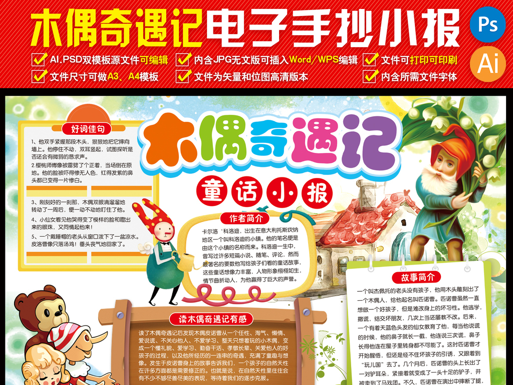 我图网提供精品流行木偶奇遇记小报匹诺曹手抄报电子小报素材下载,作品模板源文件可以编辑替换,设计作品简介: 木偶奇遇记小报匹诺曹手抄报电子小报 位图, CMYK格式高清大图,使用软件为 Photoshop CS4(.psd) 木偶奇遇记手抄报 木偶奇遇记小报