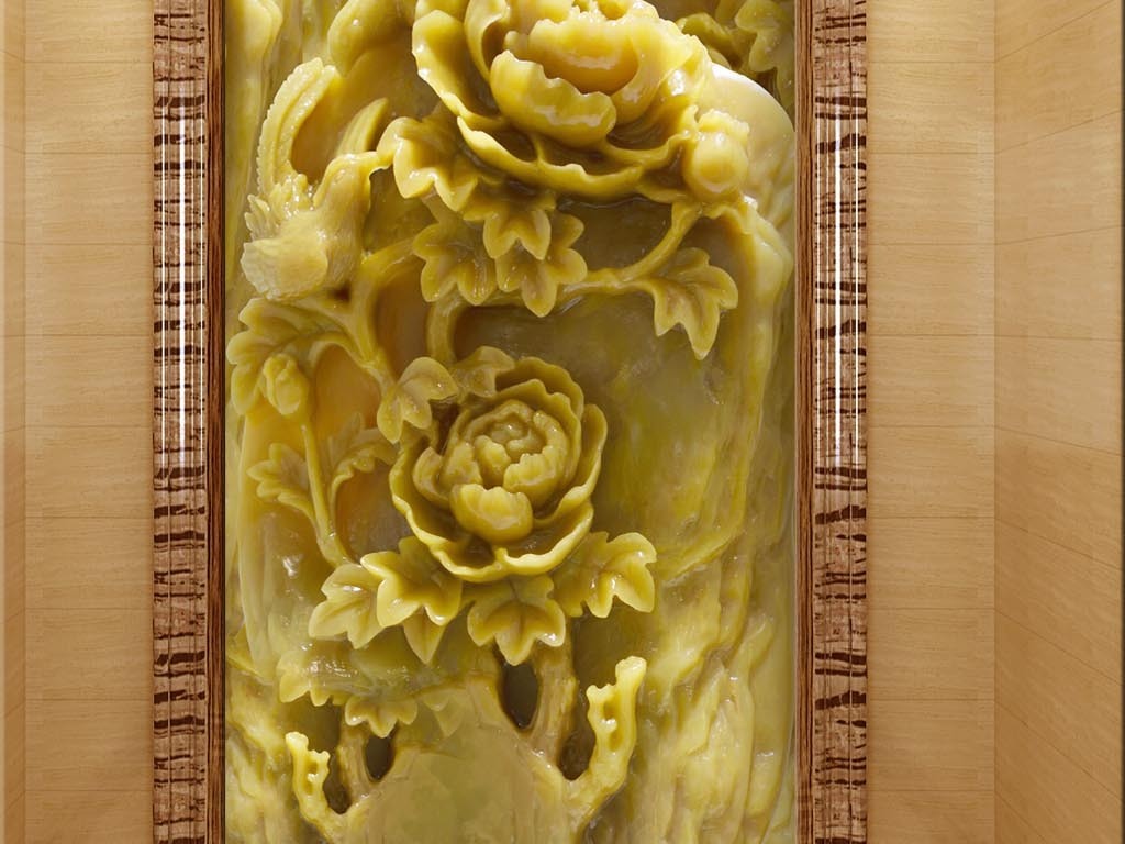 超高清新中式浮雕玉雕牡丹花3d壁画玄关图