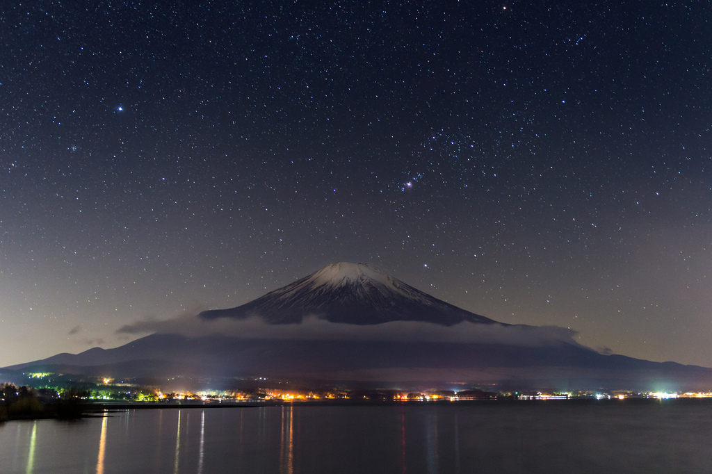 晚上天空星星日本上富士山全景4k高清背景