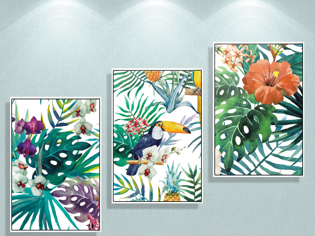 原创现代清新手绘热带雨林植物花卉装饰画三联画