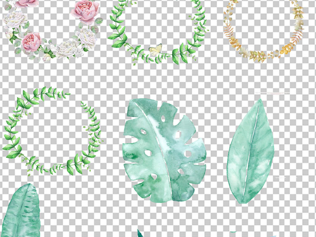 水彩风格花卉花环叶子png素材图片