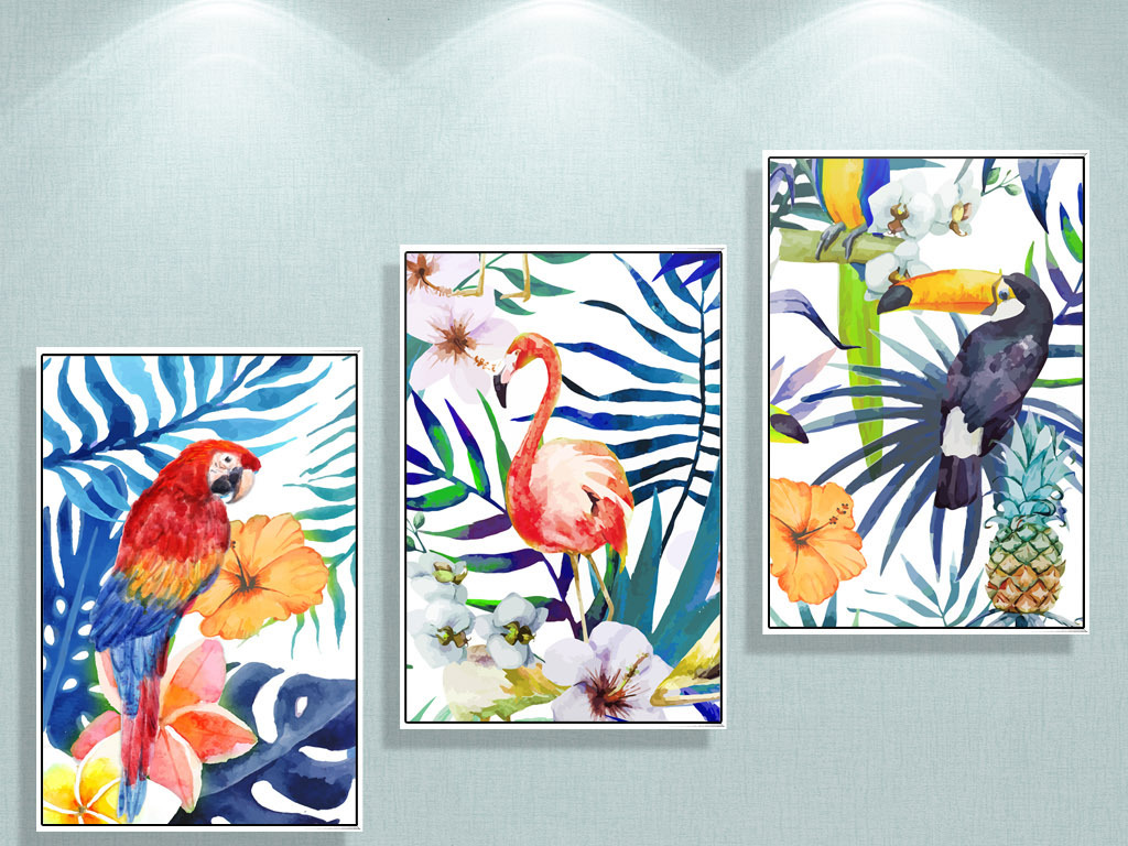 热带雨林植物花鸟装饰画手绘清新三联无框画